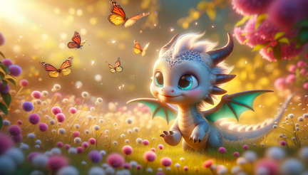 DALL·E 2023-10-30 13.02.46 - Wide photo wallpaper of a cute little dragon with sparkly eyes and tiny wings, playfully chasing after colorful butterflies in a sunlit meadow