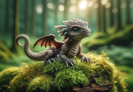 DALL·E 2023-10-30 13.39.23 - Wide photo wallpaper of a little dragon with intricate scales, perched on a moss-covered rock, gazing curiously at its surroundings in a serene woodla