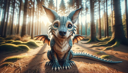 DALL·E 2023-10-30 13.55.19 - Wide photo wallpaper of a unique dog-dragon hybrid creature, with the loyal eyes of a dog and shimmering dragon scales, sitting attentively in a sunli