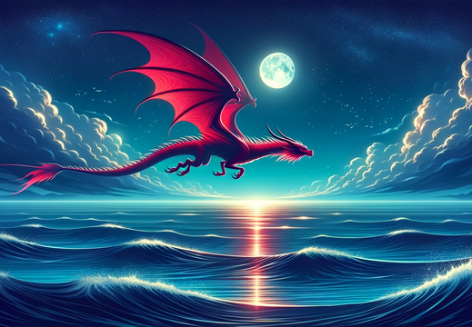 DALL·E 2023-10-30 10.11.00 - Wide illustration wallpaper of a crimson dragon gracefully flying over a vast ocean, with moonlight reflecting on the waves below