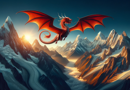 DALL·E 2023-10-30 10.12.34 - Wide photo wallpaper of a grand red dragon soaring over a breathtaking range of snow-capped mountains, with the sun casting a warm glow on the peaks