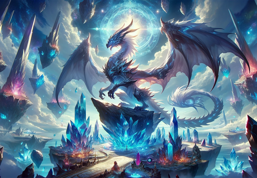 DALL·E 2023-10-30 12.44.49 - Wide illustration wallpaper of a legendary dragon, exuding an aura of magic, perched on a towering crystal spire in a fantastical land with floating r