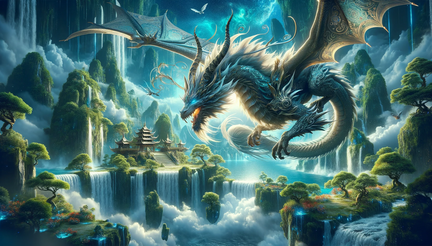 DALL·E 2023-10-30 12.44.53 - Wide photo wallpaper of a mythical dragon with shimmering scales and intricate patterns, flying majestically above a mystical floating island surround