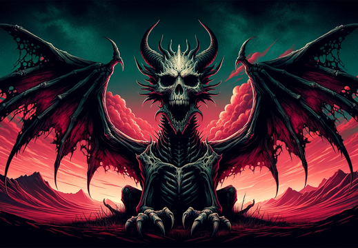 DALL·E 2023-10-31 13.07.54 - Wide illustration wallpaper of a skull dragon, its bony wings spread wide, casting eerie shadows on the ground, set against a backdrop of a hauntingly