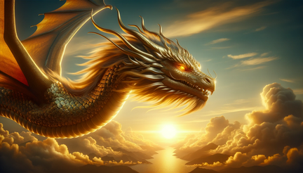 DALL·E 2023-10-31 15.30.48 - Wide photo wallpaper of a majestic gold dragon, its scales shimmering brilliantly, eyes radiating a warm golden glow, soaring gracefully against a bac