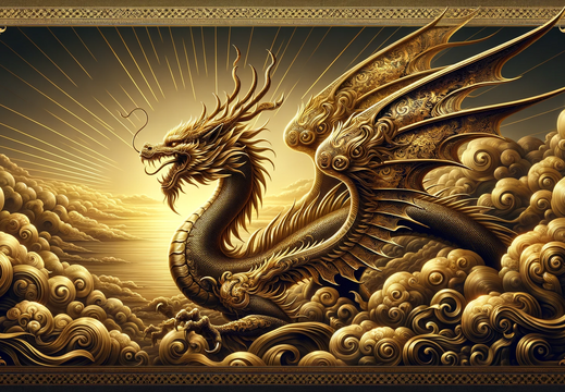 DALL·E 2023-10-31 15.41.21 - Wide illustration wallpaper of a gold dragon, its detailed form capturing the essence of opulence, wings reflecting intricate golden patterns, set aga