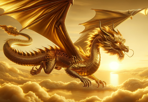DALL·E 2023-10-31 15.41.32 - Wide photo wallpaper of an awe-inspiring gold dragon, its body gleaming with lustrous gold scales, eyes emitting a soft golden light, majestically fly