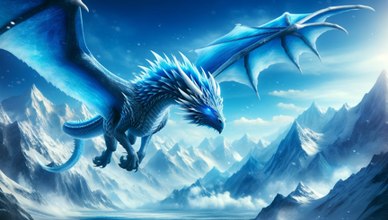 DALL·E 2023-11-01 16.37.21 - Wide photo wallpaper of a majestic blue ice dragon, its scales shimmering like polished ice, eyes radiating a cold blue glow, soaring gracefully again