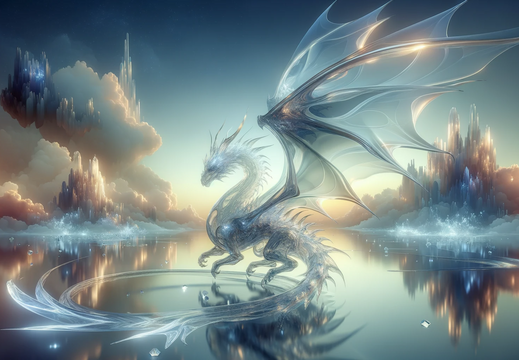 DALL·E 2023-11-01 16.38.42 - Wide illustration wallpaper of a translucent dragon, its form appearing as if made of delicate glass, wings reflecting light in a prismatic dance, set