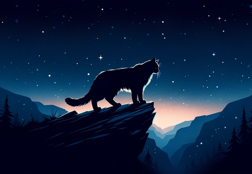 DALL·E 2023-10-30 14.21.56 - Wide illustration wallpaper of a shadowcat, its silhouette barely distinguishable against the twilight backdrop, poised on a rocky ledge with stars tw