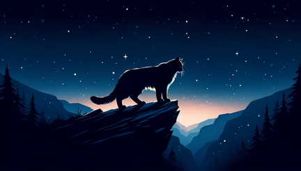 DALL·E 2023-10-30 14.21.56 - Wide illustration wallpaper of a shadowcat, its silhouette barely distinguishable against the twilight backdrop, poised on a rocky ledge with stars tw