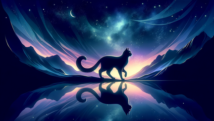 DALL·E 2023-10-30 14.33.47 - Wide illustration wallpaper of a shadowcat, its form gracefully posed, reflecting the ambient light of a starry night, set against an enchanting mount