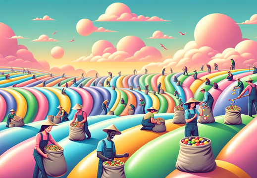 DALL·E 2023-11-03 12.43.09 - Wide wallpaper illustration showing farmers of different ethnicities, men and women, using oversized candy wrappers as bags, collecting Skittles from 