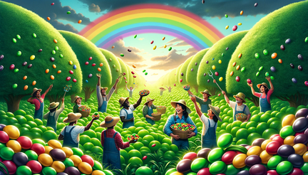 DALL·E 2023-11-03 12.44.04 - Wide wallpaper photo of a scene with farmers of various ethnic backgrounds joyfully harvesting Skittles from a lush, green field, with each Skittle pl