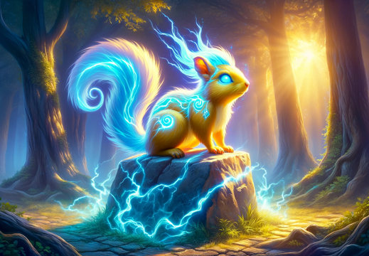 DALL·E 2023-11-03 12.52.30 - Wide wallpaper illustration of a fantastical electric yellow squirrel with striking blue streaks in its fur, radiating pulses of light energy as it pe
