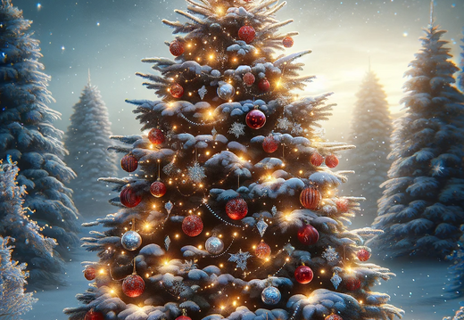 DALL·E 2023-11-07 12.33.12 - Depict a majestic snowy Christmas tree in a 9 16 portrait format, ideal for a phone wallpaper. The tree should be outside, covered in a fresh layer of