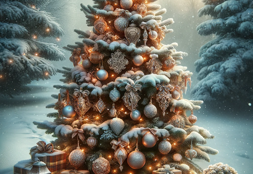 DALL·E 2023-11-07 12.34.17 - Create a portrait image featuring a snow-covered Christmas tree in a serene outdoor setting. The tree should be lavishly decorated with a mix of ornat
