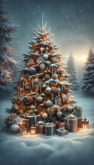 DALL·E 2023-11-07 12.34.21 - Create a portrait image featuring a snow-covered Christmas tree in a serene outdoor setting. The tree should be lavishly decorated with a mix of ornat