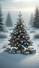DALL·E 2023-11-07 12.38.53 - Envision a snowy Christmas tree in a tranquil outdoor scene for a portrait-style image. The tree should have a sparse yet elegant selection of decorat