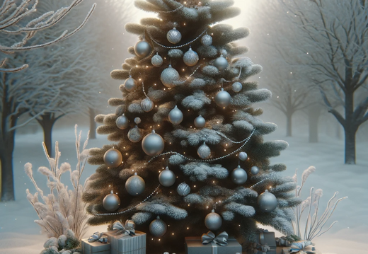 DALL·E 2023-11-07 12.39.06 - Envision a snowy Christmas tree in a tranquil outdoor scene for a portrait-style image. The tree should have a sparse yet elegant selection of decorat