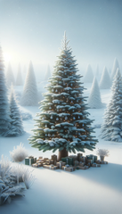 DALL·E 2023-11-07 12.48.10 - Create a portrait image of a majestic spruce tree covered in snow, set within a tranquil winter landscape. The tree is minimally decorated with a few 