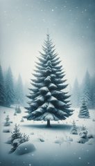DALL·E 2023-11-07 13.38.39 - Create a portrait image of a majestic spruce tree standing tall amidst a snowy landscape. The tree's branches are heavy with fresh, white snow, captur
