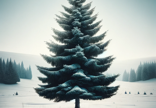 DALL·E 2023-11-07 13.39.54 - Create a portrait image showcasing a solitary spruce tree in the midst of winter. The tree should be highlighted against a crisp, wintry sky, with its