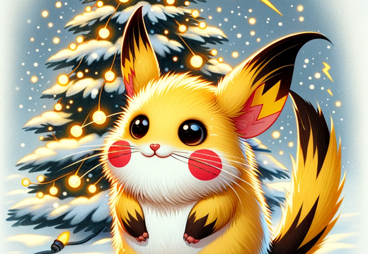 DALL·E 2023-11-07 13.44.29 - Create a portrait image of a winter scene with a snowy spruce tree adorned with fairy lights. Add a small, chubby, rodent-like creature with yellow fu