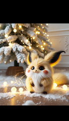 DALL·E 2023-11-07 13.47.46 - A snowy Christmas tree adorned with a string of soft white fairy lights. Below the tree, a small, chubby, fantastical rodent-like creature sits. This 