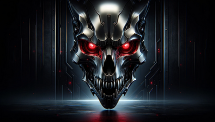 DALL·E 2023-11-10 13.53.16 - A widescreen wallpaper featuring a metallic wolf skull with glowing red eyes in a dark, futuristic setting. The skull, made of polished metal, reflect