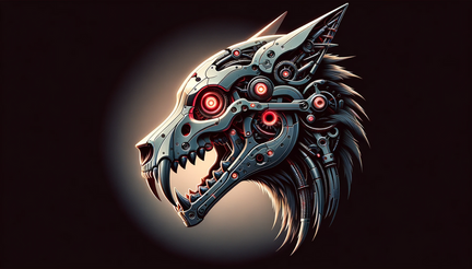 DALL·E 2023-11-10 15.36.34 - A 16 9 wallpaper featuring a mechanical wolf skull in a side view, with pronounced long fangs and glowing red eyes. The skull is intricately designed 