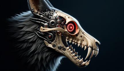 DALL·E 2023-11-10 15.48.51 - A 16 9 wallpaper featuring a side view of a wolf skull, uniquely crafted from a combination of metal and bone, with pronounced long fangs. The eyes ar