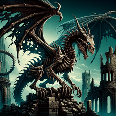 DALL·E 2023-10-31 15.12.02 - Illustration of an undead dragon, its bony structure intricate, with tattered wings, emanating an aura of ancient malevolence, perched atop ruins of a